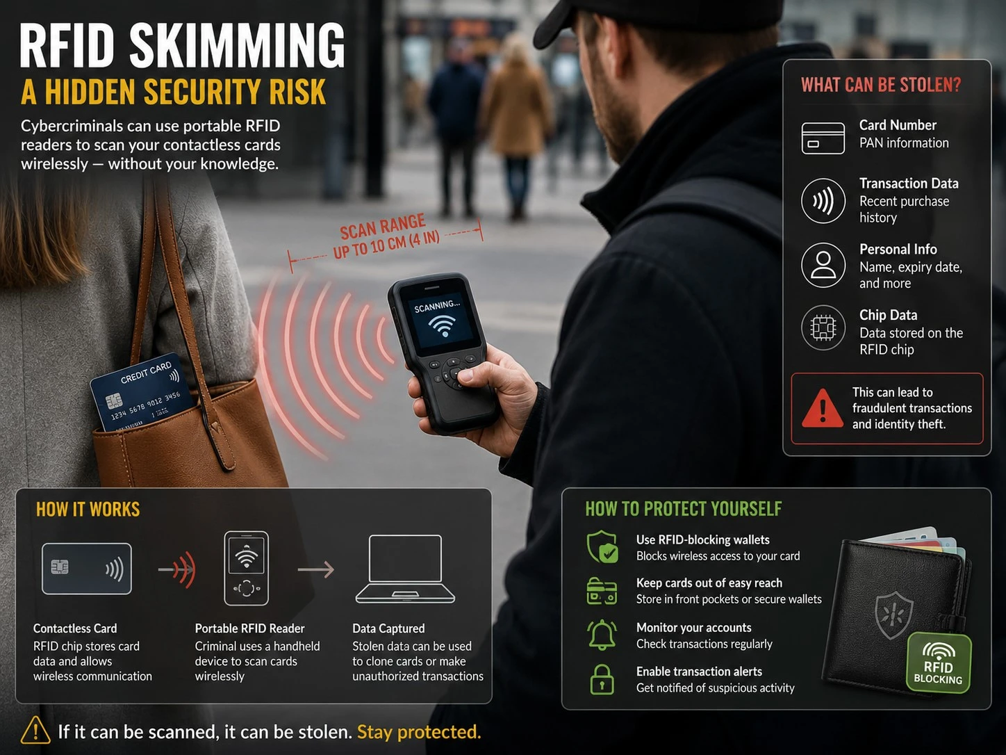 RFID skimming demonstration security risk showing how contactless payments can be scanned wirelessly with a portable reader